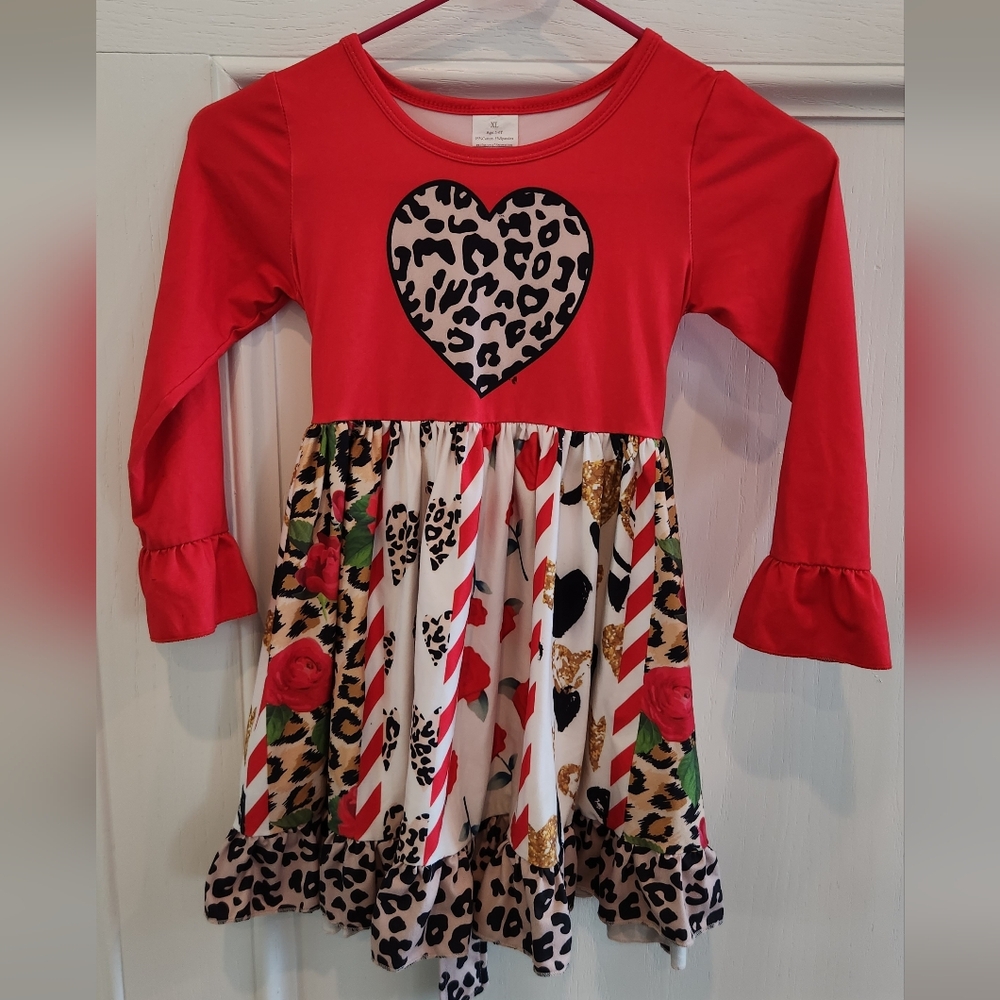 Red Heart Leopard Print Long Sleeve Girls Dress
